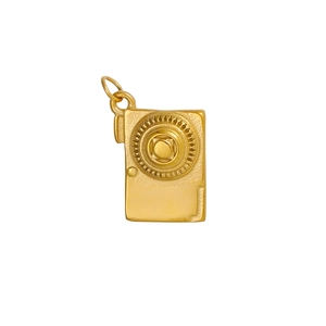 Exquisite gold-plated vintage camera pendant with intricate matte finish and top loop