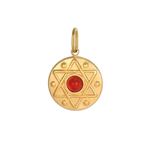 Vintage gold stainless steel sun star pendant featuring a red natural stone inlay