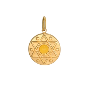 Golden sun medallion necklace with star relief and yellow center stone detail
