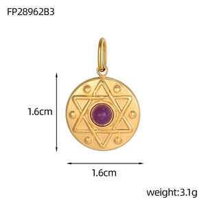 Golden round pendant with purple gemstone and star pattern, 1.6cm diameter 3.1g