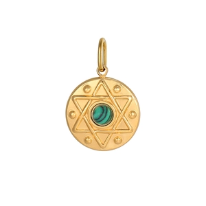 Detailed macro view of a gold-plated stainless steel sun pendant with green malachite