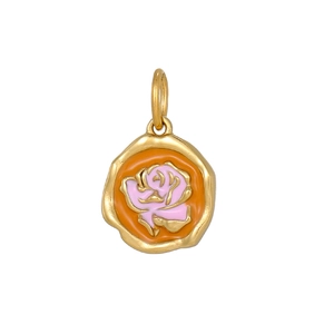 Artistic gold-framed pendant with orange enamel and rose pattern on white background