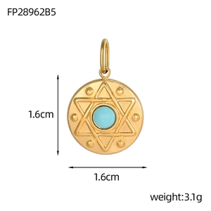 Macro detail of a 1.6cm gold stainless steel star pendant with a blue turquoise stone