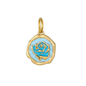 Vintage round gold metal pendant with blue enamel and embossed rose design