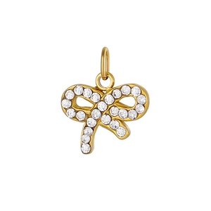 Macro view of golden bow pendant featuring white pave-set zircons and a polished ring hook