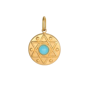 Macro detail of gold-plated starburst pendant with turquoise inlay and boho pattern