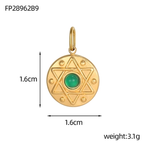 Detail view of 1.6cm irregular round sun evil eye pendant with green stone and relief