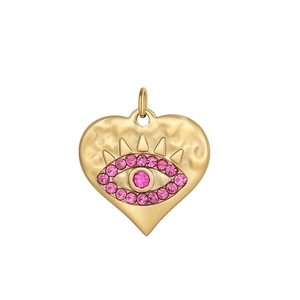 Pendentif cœur œil protecteur doré avec zircons roses et finition martelée mate