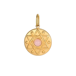 Close-up of vintage gold sun eye pendant with pink natural stone and star detail