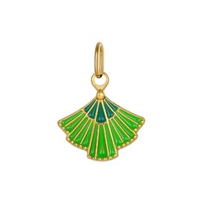 Gold fan-shaped pendant with green enamel inlay and delicate beaded edge detail