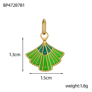 Green enamel fan-shaped pendant in gold finish for jewelry making, 1.3cm x 1.5cm