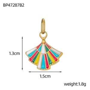 Golden stainless steel fan-shaped shell pendant with colorful enamel drips