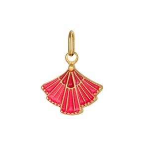 Macro detail of fan-shaped pendant with red enamel inlay and gold-plated finish