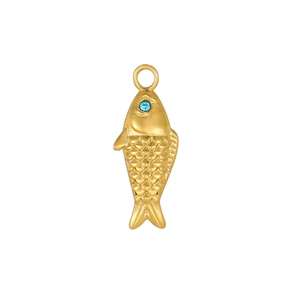 Gouden vis hanger ketting met blauwe edelsteen oog en gedetailleerde schubben