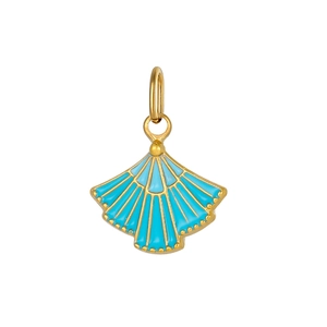 Detailed close-up of gold fan-shaped pendant with light blue enamel and beaded edges