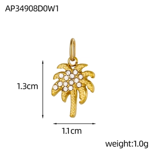 Ciondolo a forma di palma in acciaio dorato con cristalli bianchi, 1,3 cm x 1,1 cm