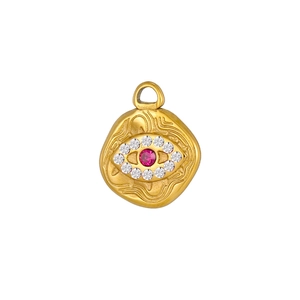 Détail du pendentif œil protecteur avec pierre rose et strass blancs sur métal doré