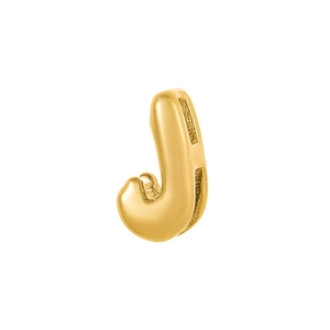 Detailed view of 3D bubble style letter J pendant with polished gold finish and hollow design