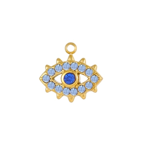 Détail macro du pendentif œil maléfique doré avec cristaux bleus et texture métal
