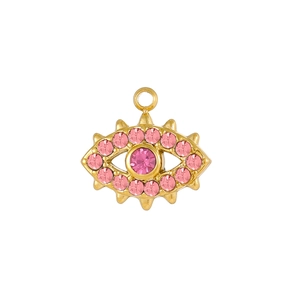 Détail d'un pendentif œil de démon en cristal rose avec plaqué or et anneau en métal