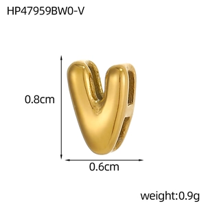 Detailed view of 18K gold plated hollow letter V pendant with dimensions 0.8cm by 0.6cm