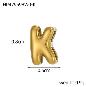 Detailed macro view of 18K gold plated stainless steel letter K pendant with dimensions