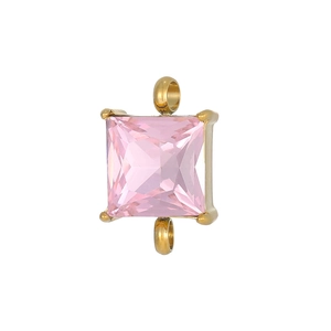 Detail eines quadratischen rosa Zirkonia-Verbinders mit vergoldetem Rahmen für DIY-Schmuck