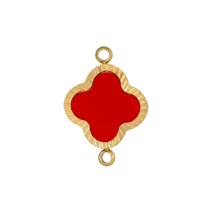 Pendentif trèfle doré avec émail rouge et bordure texturée radiale pour bijoux DIY