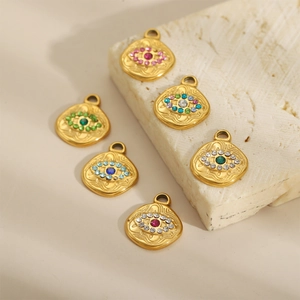 Lot de 6 pendentifs œil en acier inoxydable doré avec strass colorés sur socle en pierre