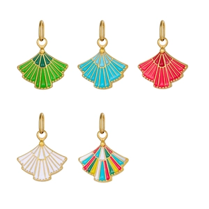 Macro view of five colorful enamel fan charms with gold-plated base and detailed ribbing