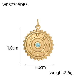 Dettaglio del ciondolo tondo dorato da 1,0cm con gemma blu e bordo dentellato
