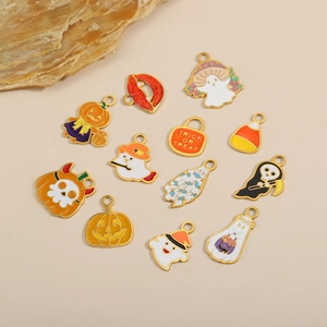 12Pcs Halloween enamel charms set featuring pumpkin, ghost, and cat for DIY jewelry making