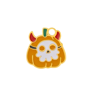 Detailed macro of Halloween pumpkin ghost charm with enamel finish and gold loop