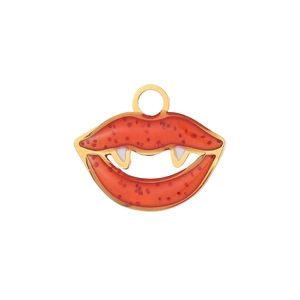 Detail of glittery red vampire lips charm with white fangs and gold hanging loop