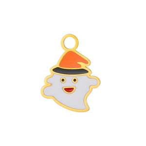 Halloween ghost charm with witch hat in white enamel and gold plating for DIY jewelry