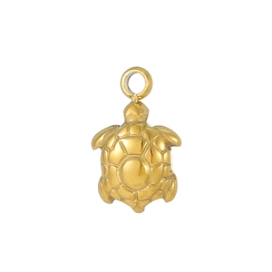 Golden stainless steel sea turtle pendant charm with realistic shell texture on white background