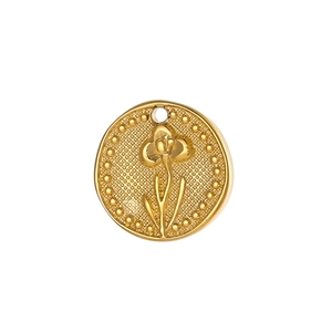 Vintage round gold iris flower pendant necklace in polished stainless steel relief