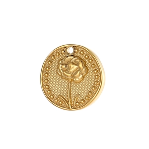 Golden stainless steel round floral relief pendant with poppy flower for DIY jewelry