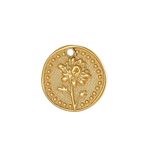Detailed close-up of golden stainless steel flower pendant with chrysanthemum engraving