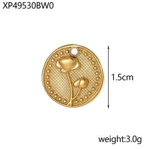 Detail of 1.5cm golden rose pendant showing embossed floral pattern and bead edge