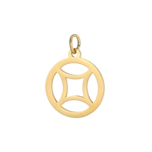 Detailed macro view of a hollow golden circular pendant with symmetric geometric patterns