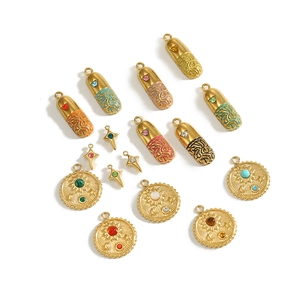 Golden stainless steel capsule and celestial coin pendants with enamel for DIY jewelry