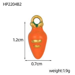 Detail view of small orange carrot enamel pendant with size and weight parameters