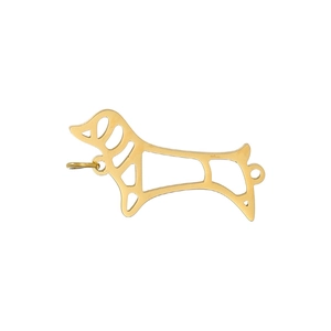 Detailed view of a gold-plated dachshund charm with hollow design and shiny metal finish