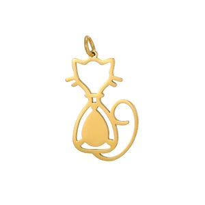 Macro detail of a minimalist golden cat pendant with hollow outlines and polished finish