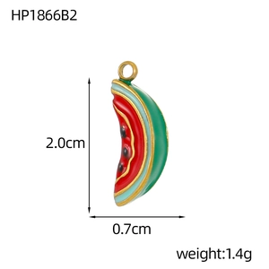 Detail view of 2.0x0.7cm stainless steel watermelon charm with red and green enamel