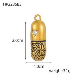 Macro detail of capsule-shaped stainless steel pendant with zircon and dimensions 2.0x1.0cm