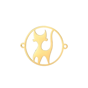Detailed close-up of a gold-plated cat silhouette pendant with double connecting loops