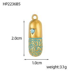 Detailed view of a gold capsule pendant with blue stone inlay and 2.0cm height dimension
