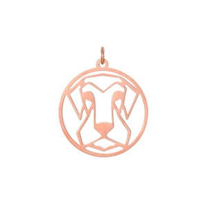 Macro view of geometric dog head pendant in rose gold finish with hollow-out design